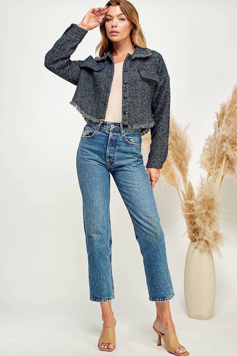 Navy Herringbone Fringe Jacket