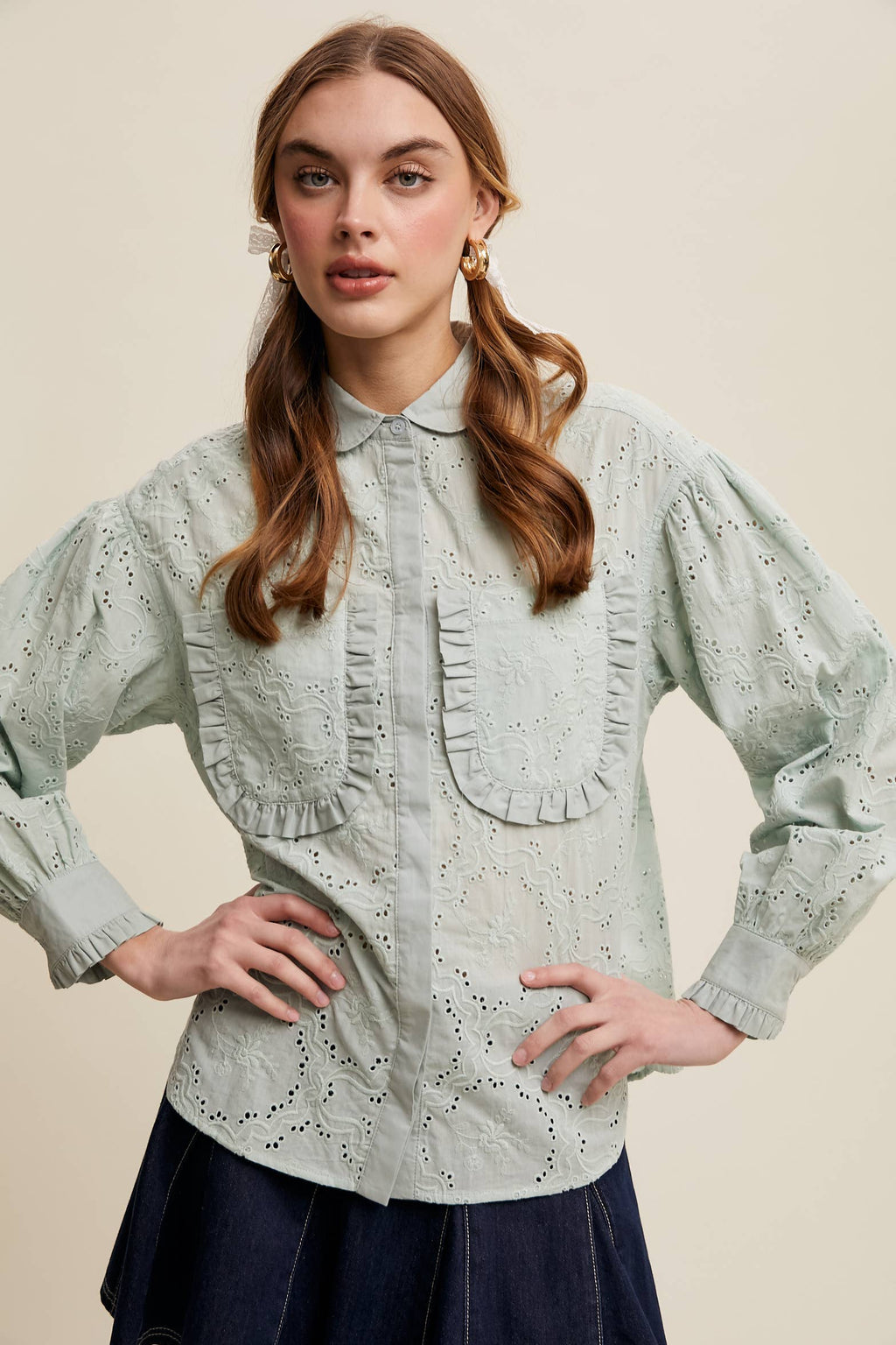 Eyelet Ruffle Pocket Button-Up Blouse Off White
