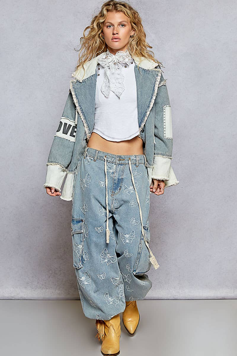 Colorblocked twill patch studded back heart jacket: DENIM / L