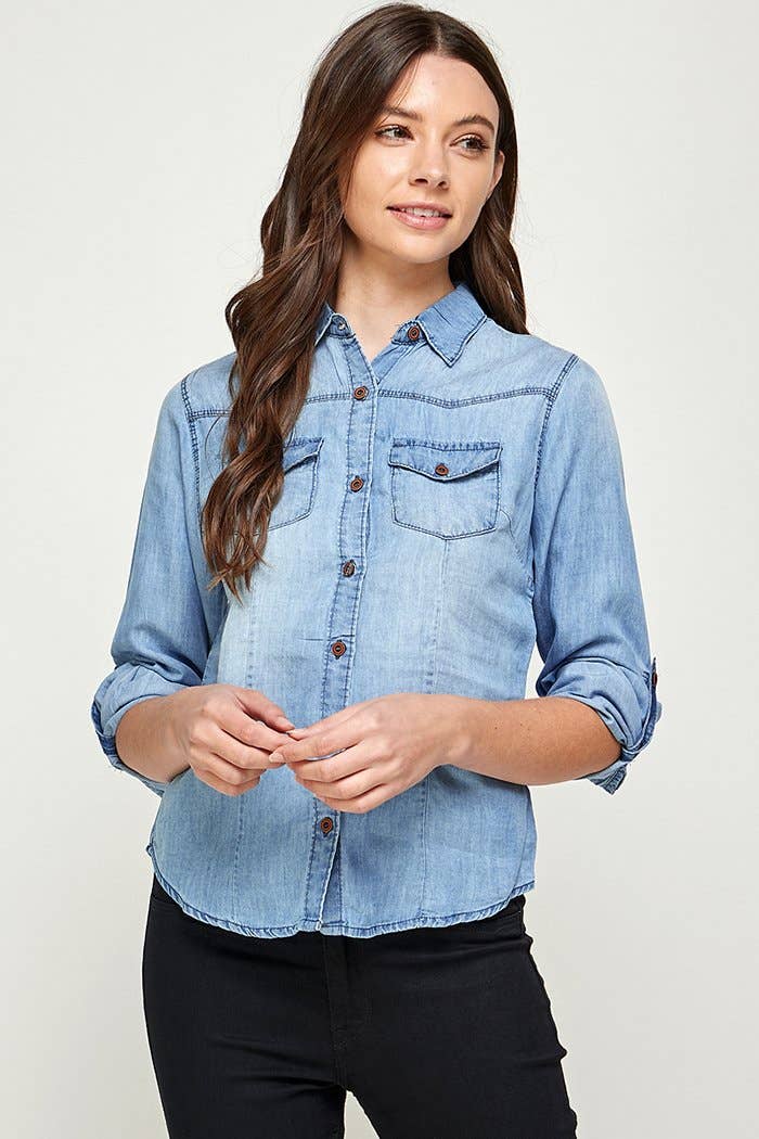 Chambray Denim Shirt with 2 Pockets, LIGHT WASH