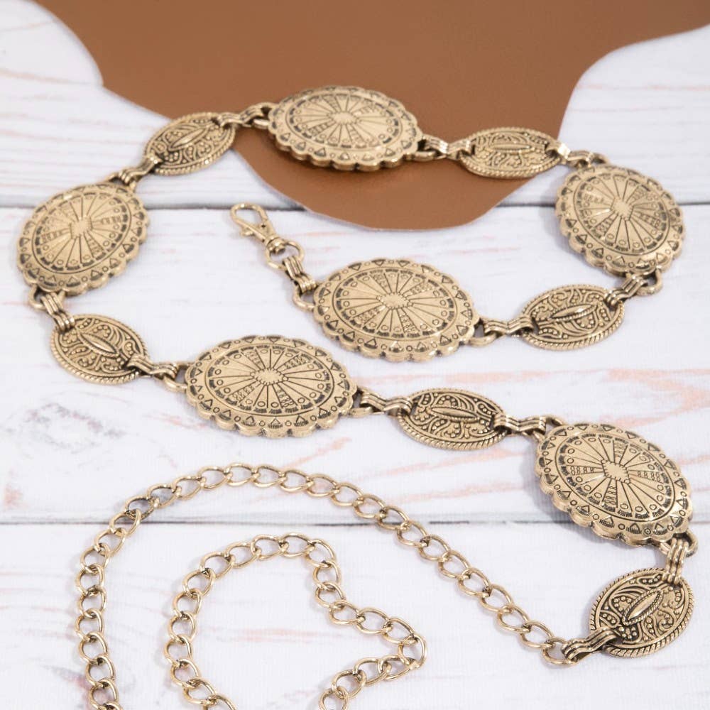 Gold Ornate Oval Western Concho Disc Chain Belt