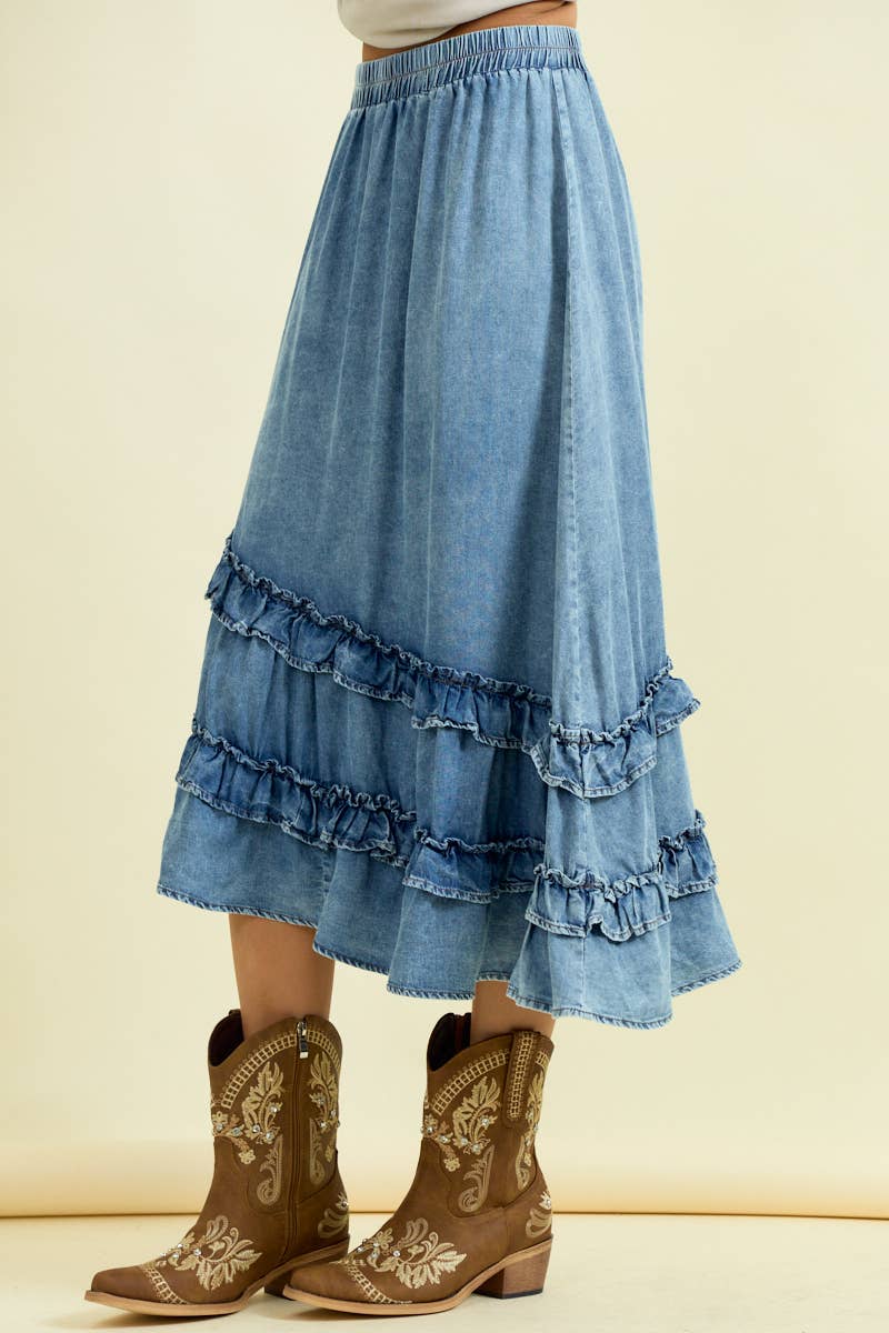 ASYMMETRICAL RUFFLE MIDI SKIRT - DENIM / M