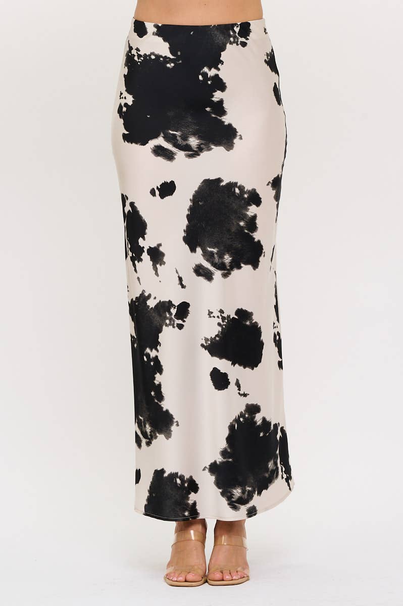 Made in USA Cow Print Maxi Skirt with Elastic Waist: Black / S
