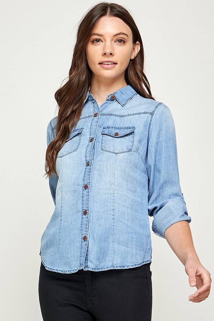 Chambray Denim Shirt with 2 Pockets, LIGHT WASH