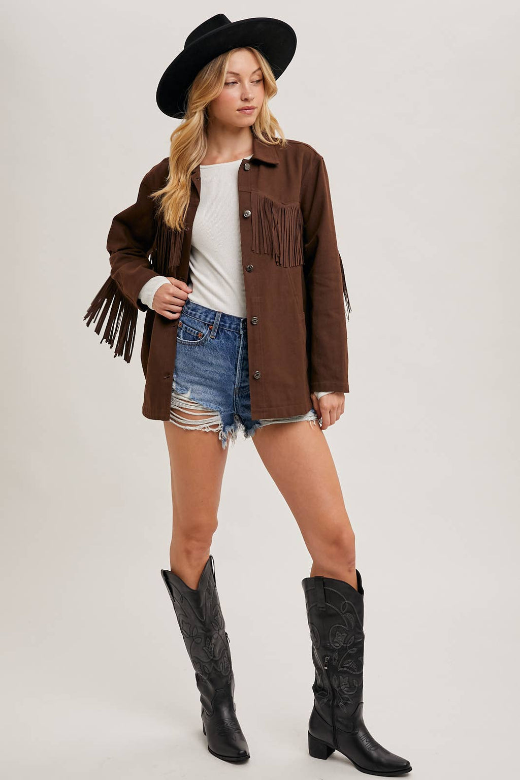 DENIM WESTERN FRINGE BUTTON DOWN JACKET -ESPRESSO / M