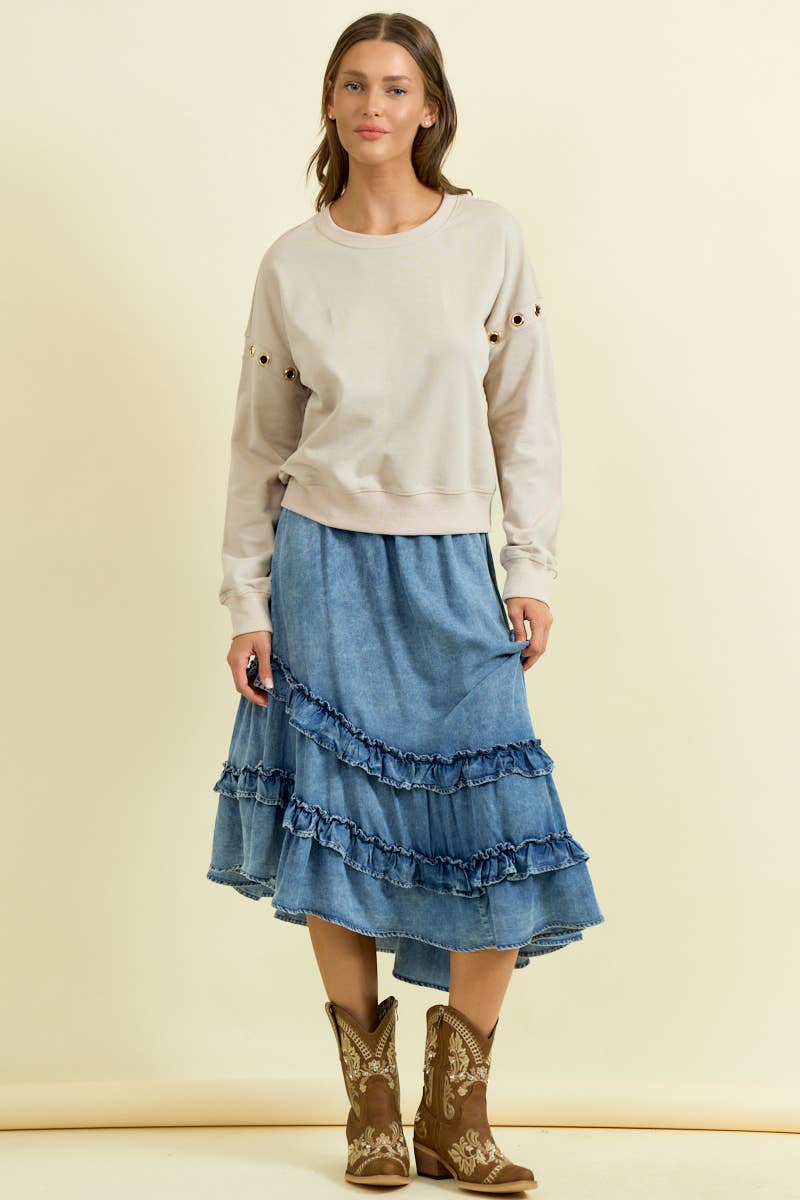 ASYMMETRICAL RUFFLE MIDI SKIRT DENIM / S