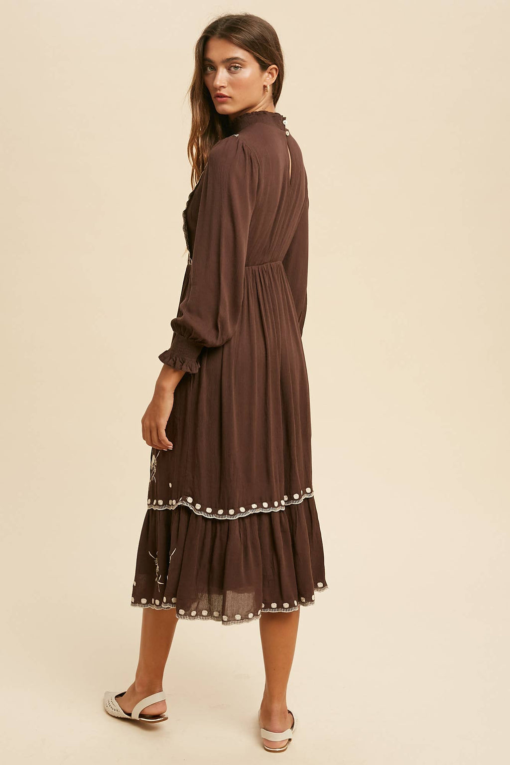 SMOCKED NECK EMBROIDERED MIDI DRESS