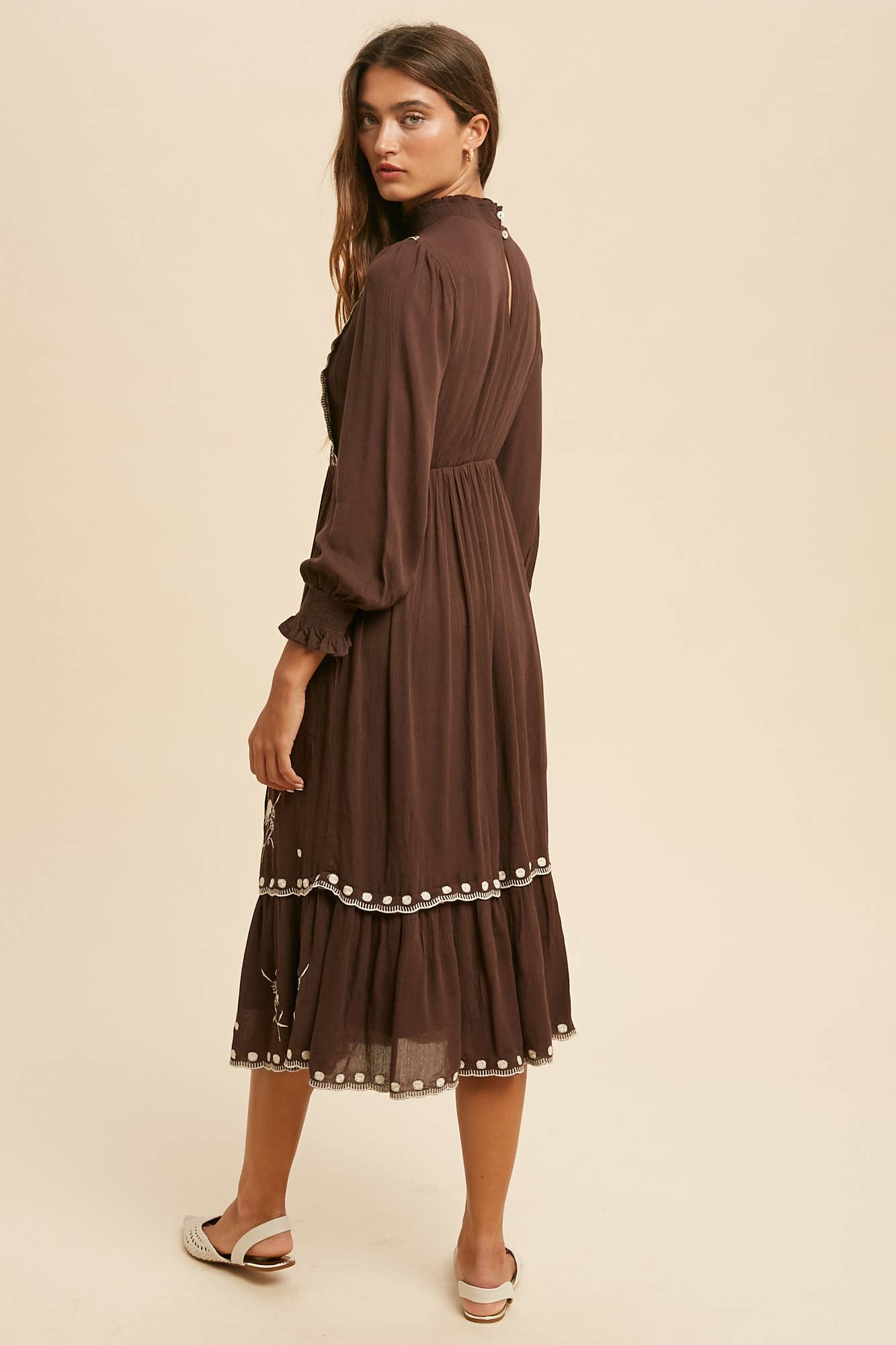 SMOCKED NECK EMBROIDERED MIDI DRESS