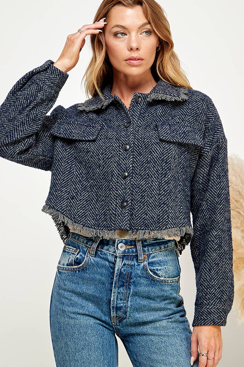 Navy Herringbone Fringe Jacket