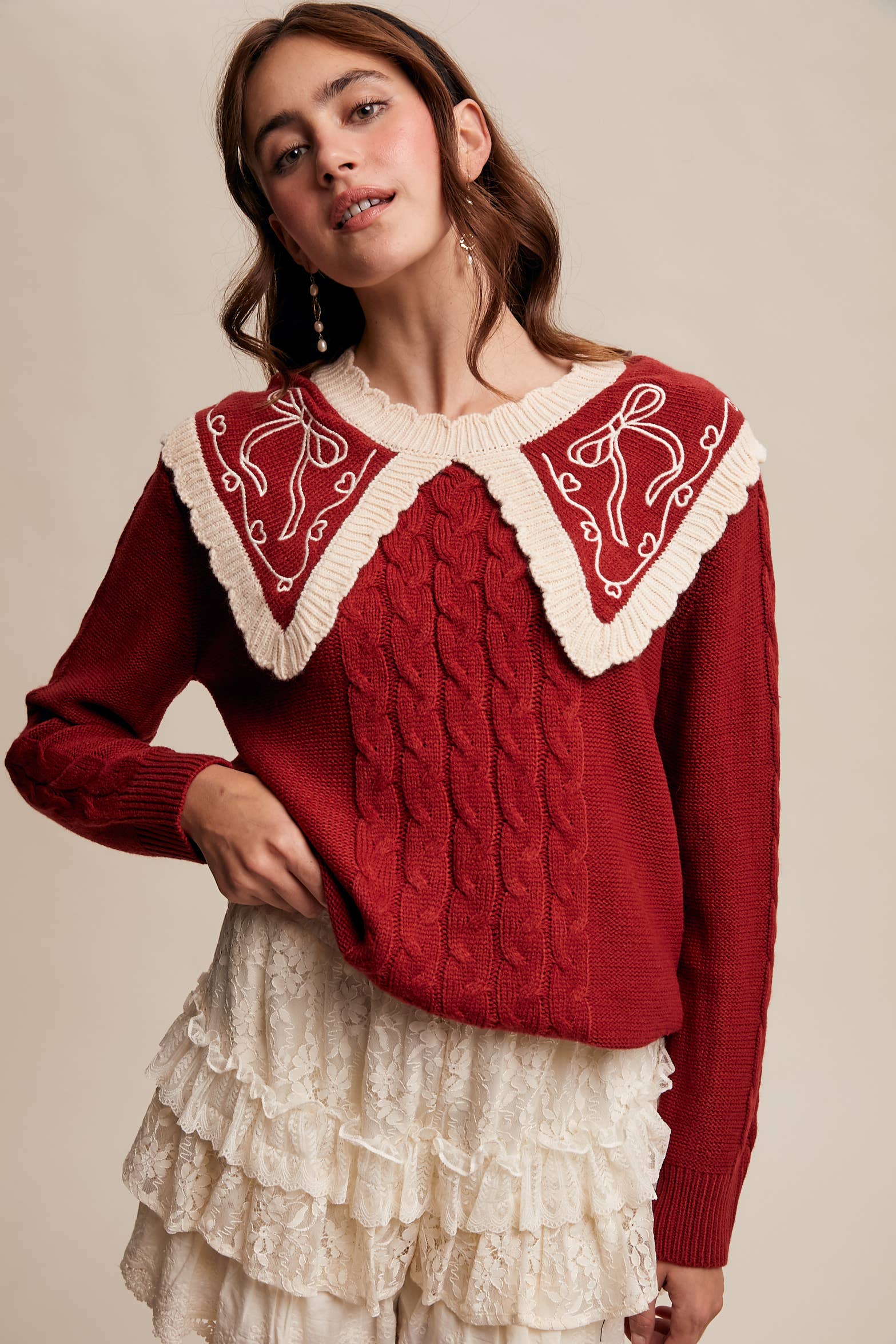 Bow Embroidered Cable Knit Sweater, Burgundy