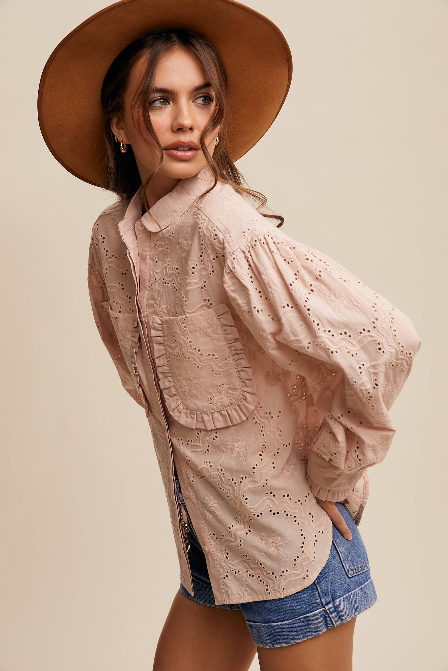 Eyelet Ruffle Pocket Button-Up Blouse Off White