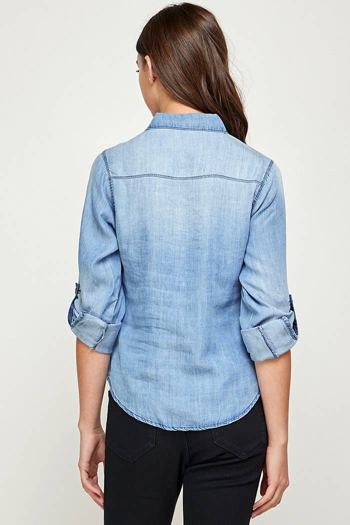 Chambray Denim Shirt with 2 Pockets, LIGHT WASH