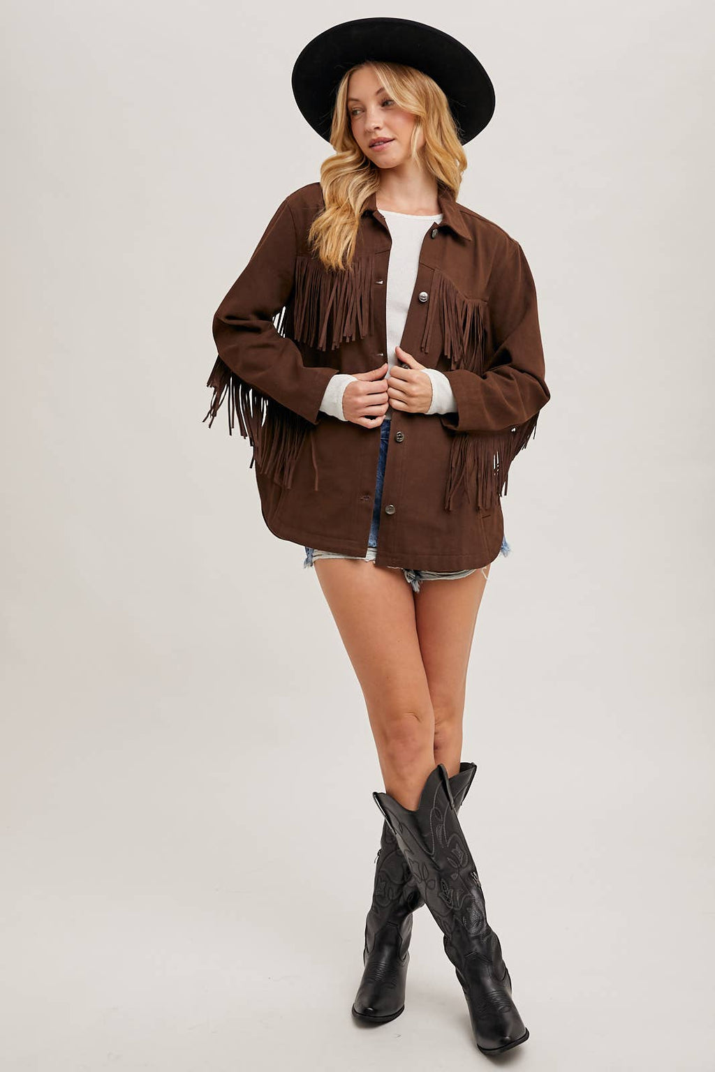 DENIM WESTERN FRINGE BUTTON DOWN JACKET -ESPRESSO / M