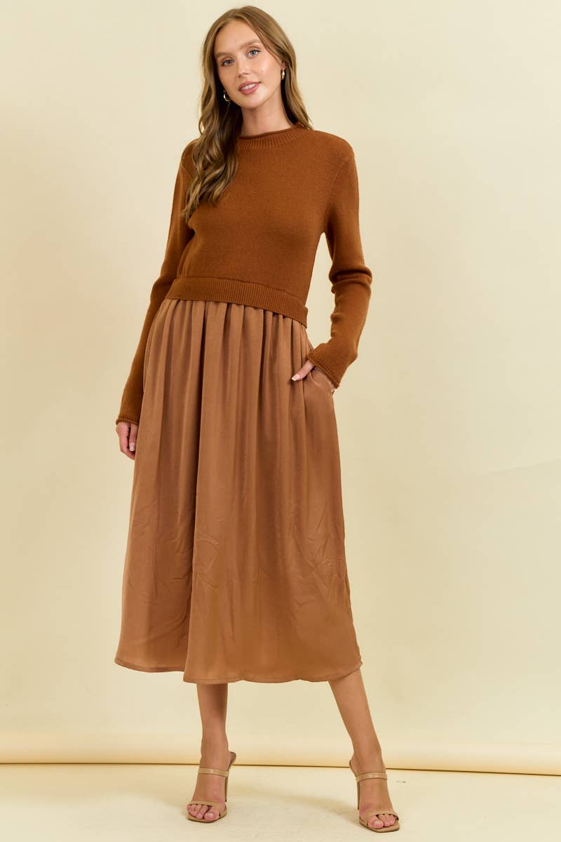 RIBBED TURTLE NECKLINE KNIT MAXI DRESS MOCHA / L