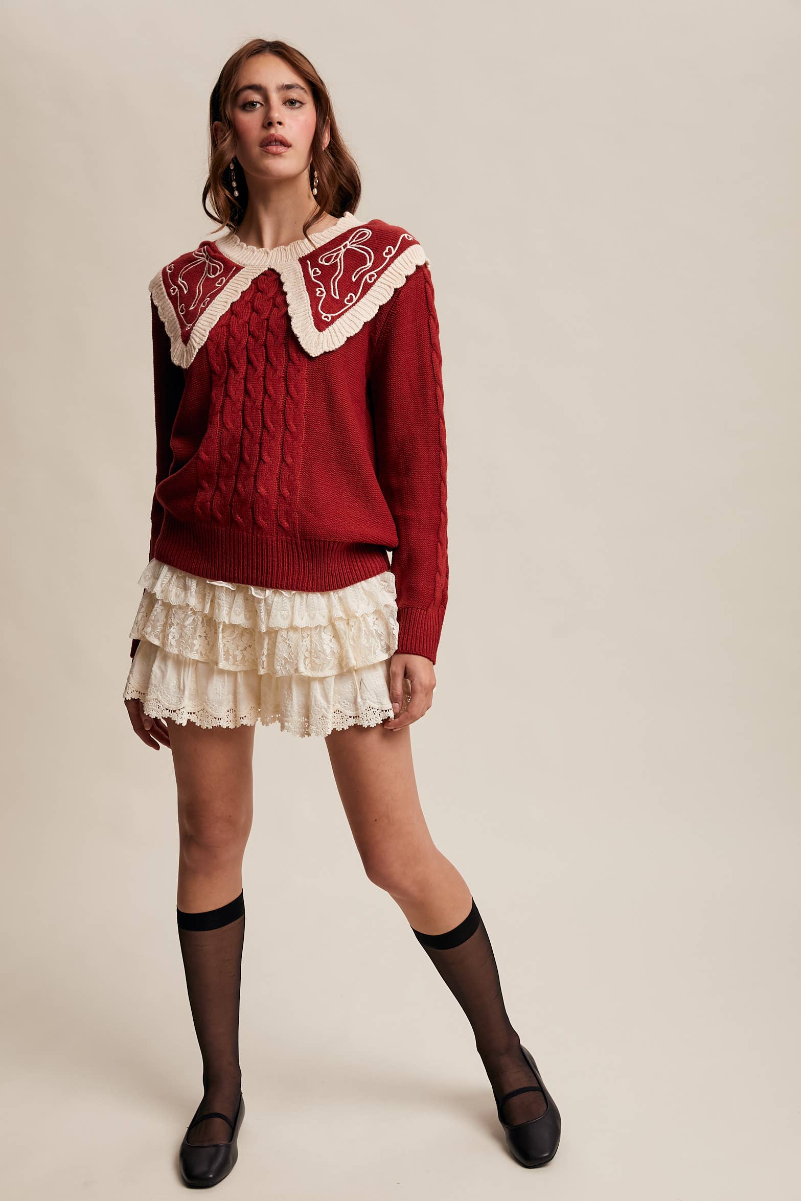 Bow Embroidered Cable Knit Sweater, Burgundy