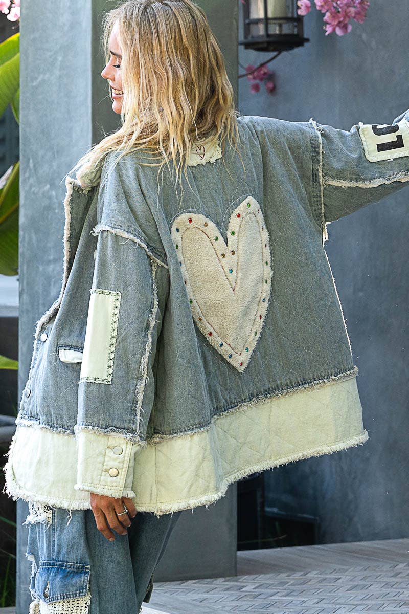 Colorblocked twill patch studded back heart jacket: DENIM / L