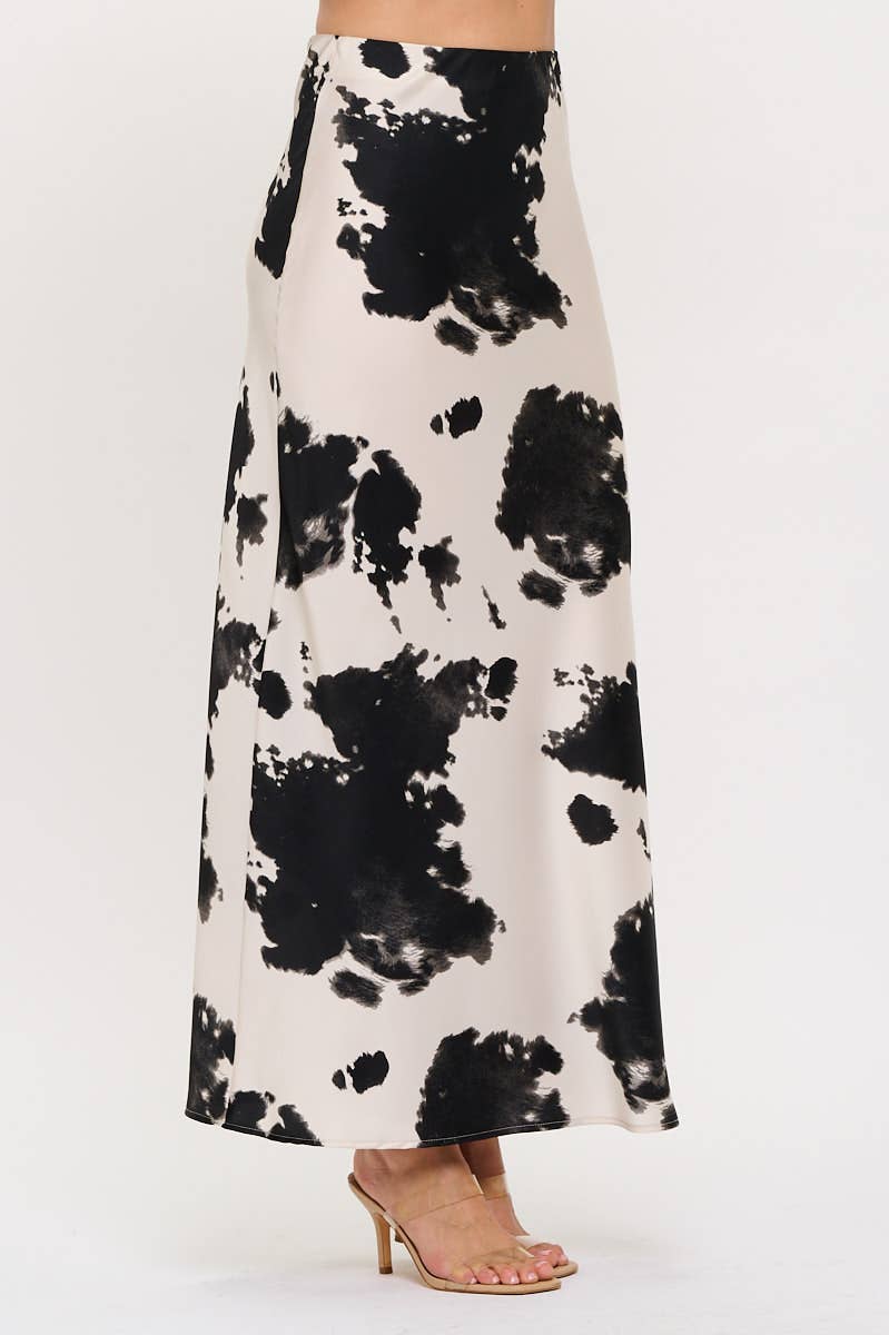 Made in USA Cow Print Maxi Skirt with Elastic Waist: Black / M