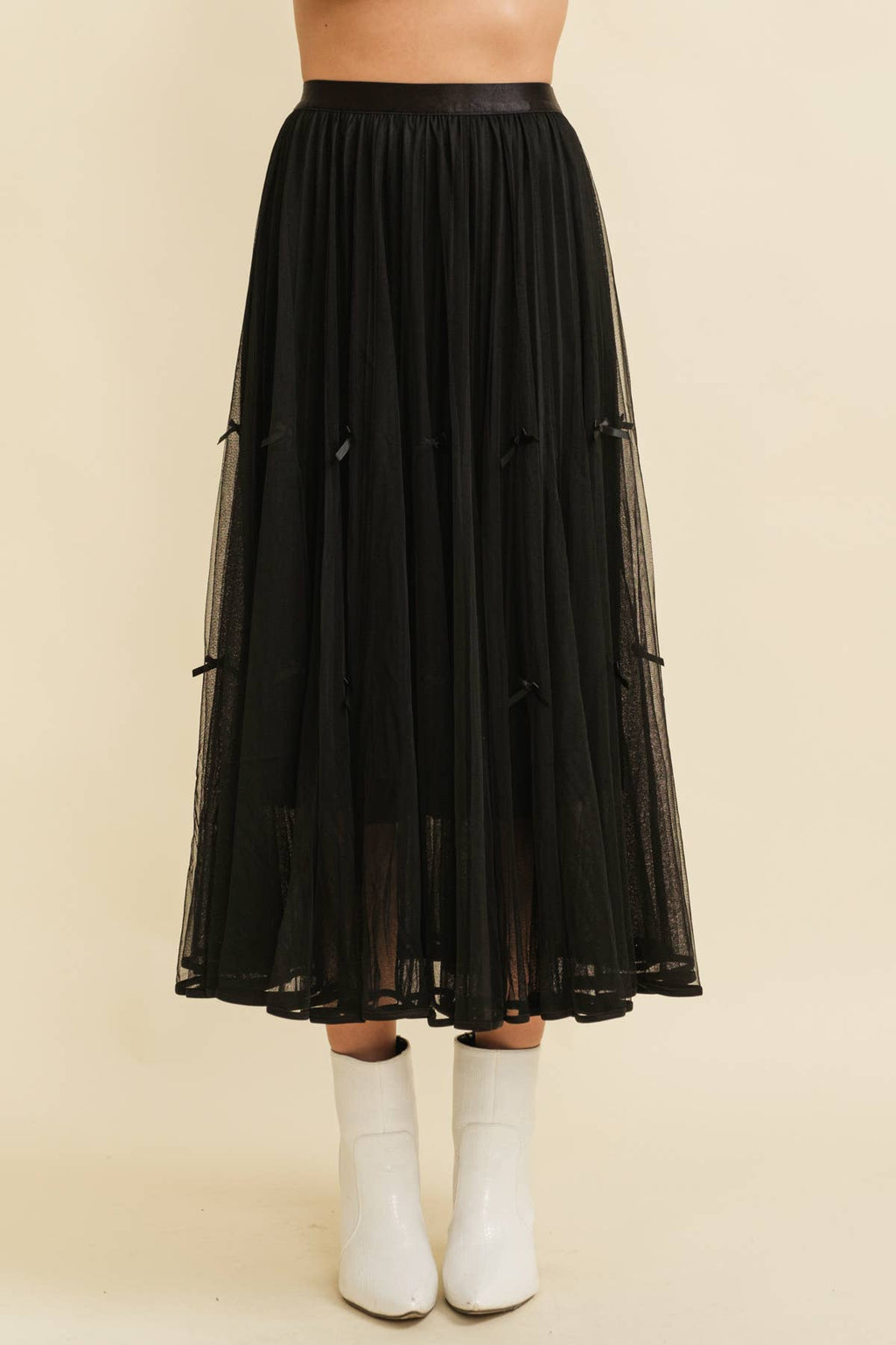 CS13400K - RIBBON DETAIL MESH MAXI SKIRT: Cream / L