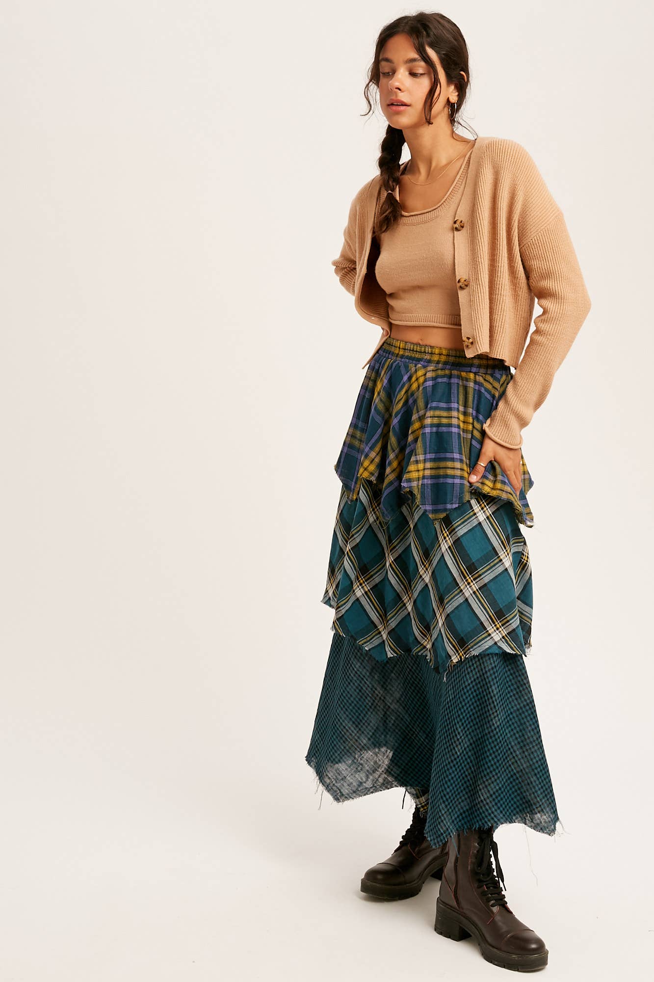 Layered Patchwork Plaid Maxi Skirt
