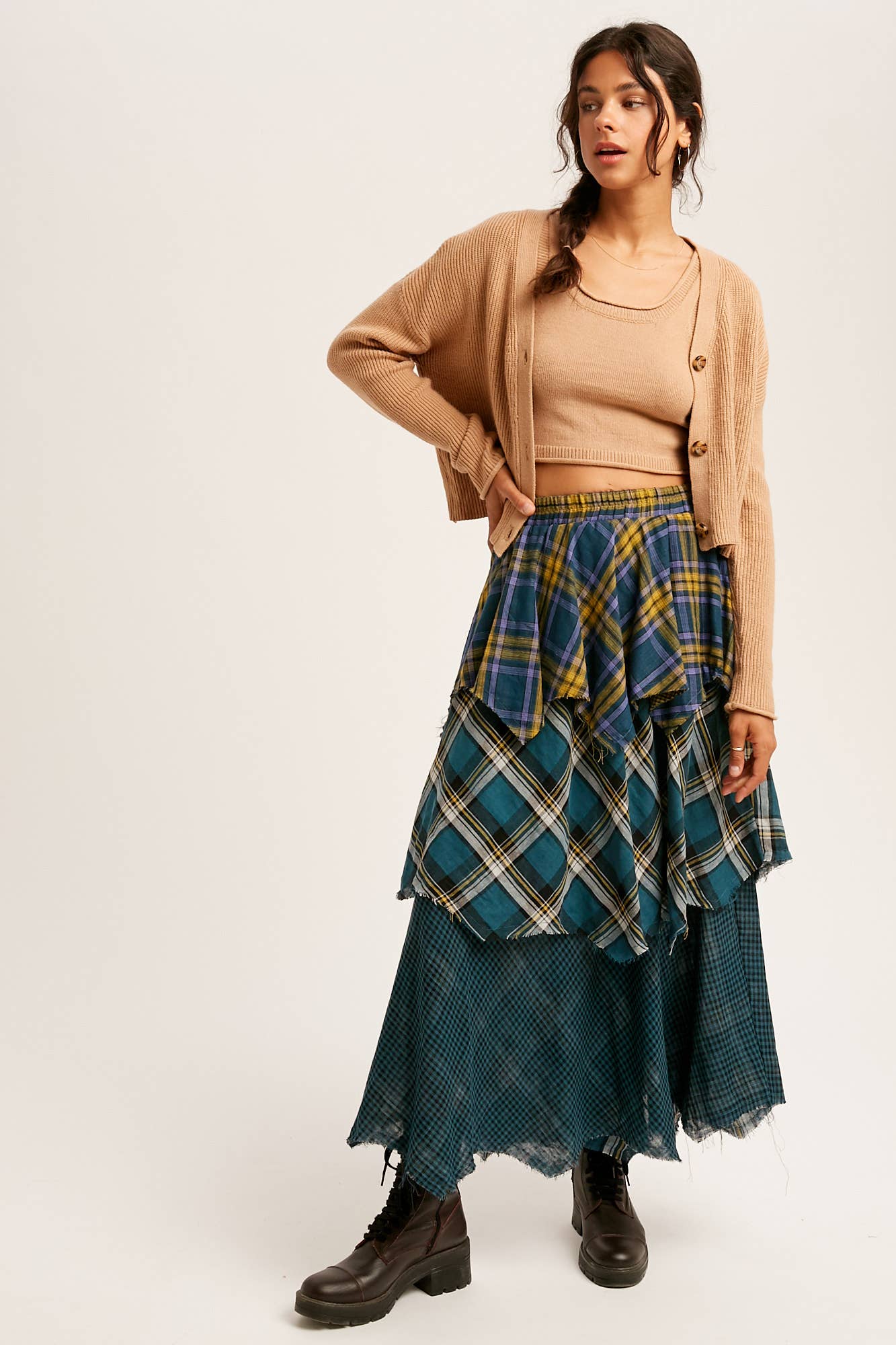 Layered Patchwork Plaid Maxi Skirt